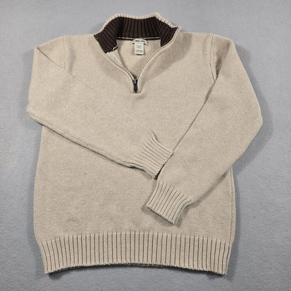 Cherokee Boys Large Beige 1/4 Zip Mock Neck Pullover Knit Sweater 100% Cotton